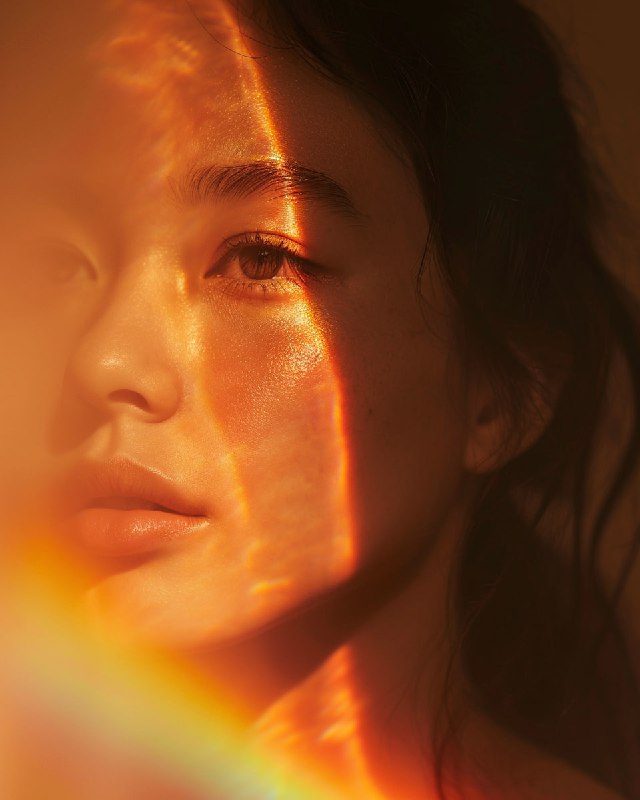 Ethereal Woman Portrait in Shadows With Rainbow Prism