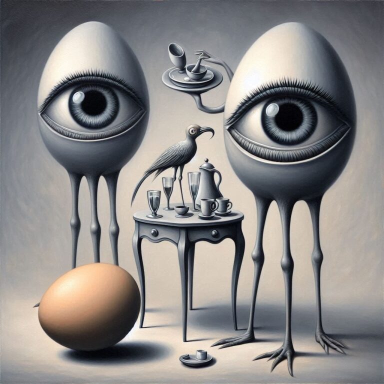 Surreal Oil Painting of Cute Characters with Objects