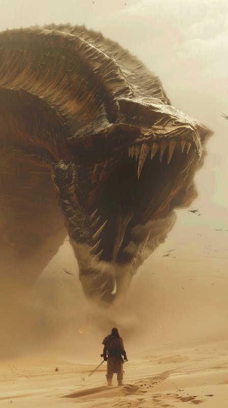 Tiny Fremen Warrior Facing Giant Sandworm in Desert