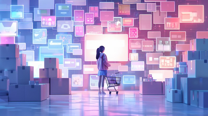 Cartoon Online Shopper With Cart Boxes and Screens