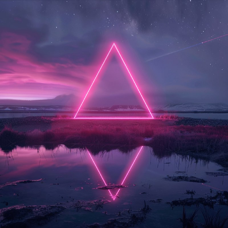 Pink Neon Triangle Glowing Under the Northern Lights