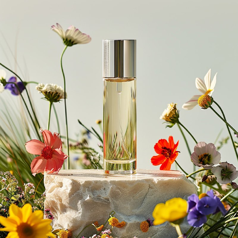 Glass Serum Bottle on Marble Block With Colorful Flowers