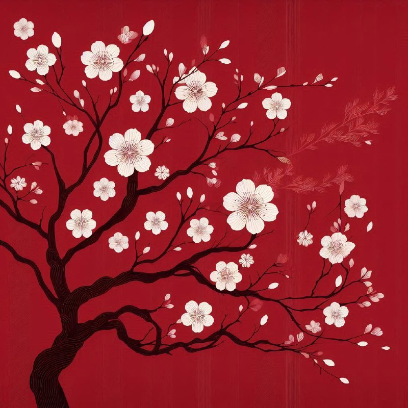 Minimalist Asian White Flower Tree on Red Background