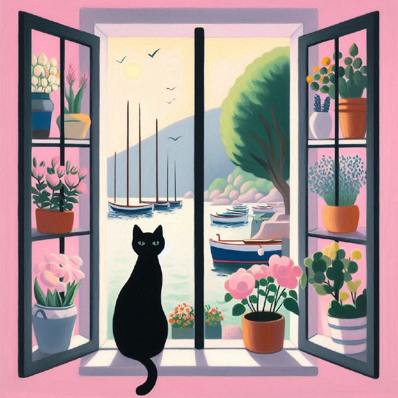Black Cat in Matisse Style Window With Harbor View