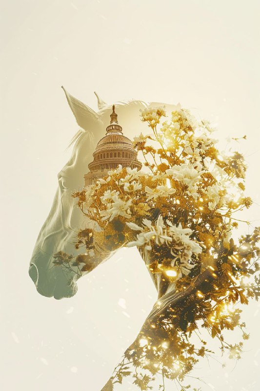 Double Exposure Horse Head With Capitol in White and Gold