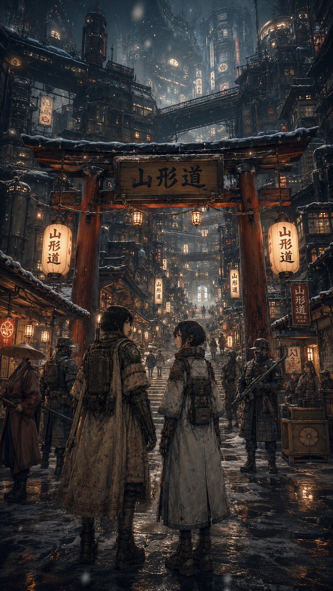 Snowy Cyberpunk Torii Gate Night