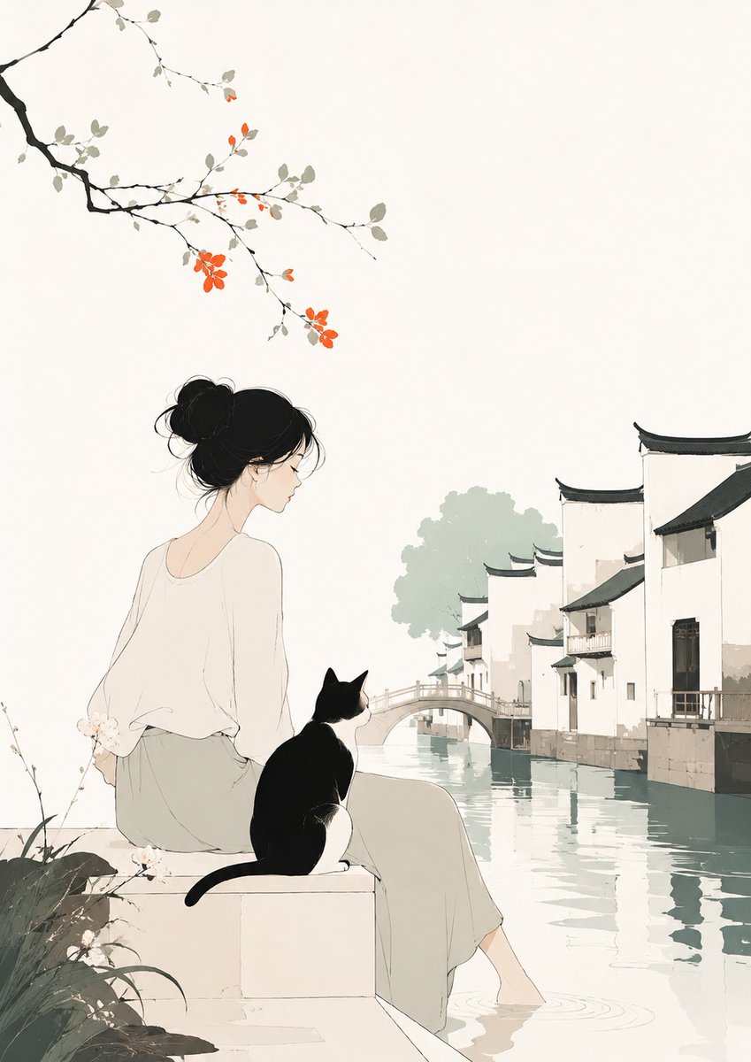 Water Town Girl and Cat Art