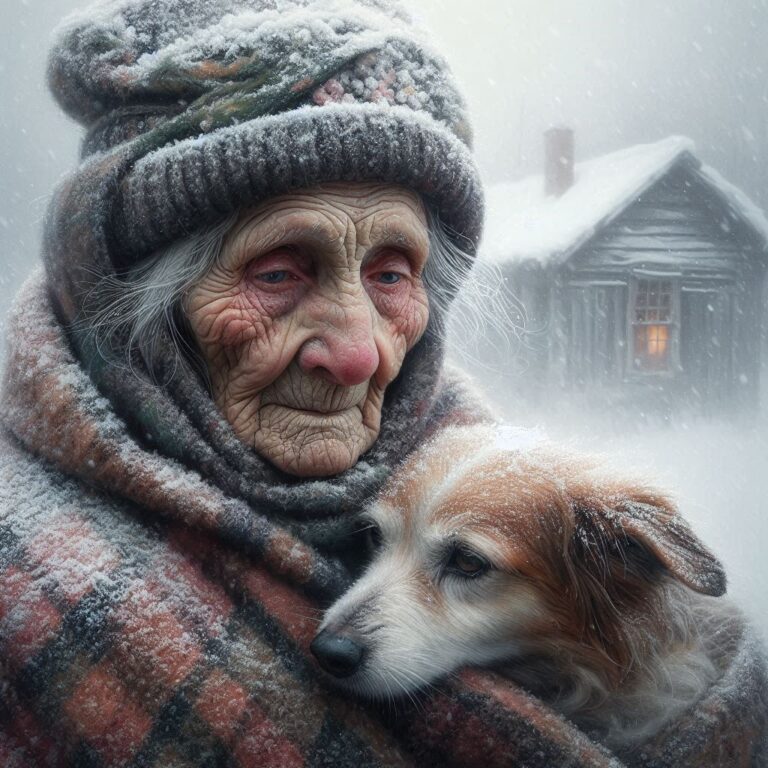 Old Woman with Dog in Blinding Snow