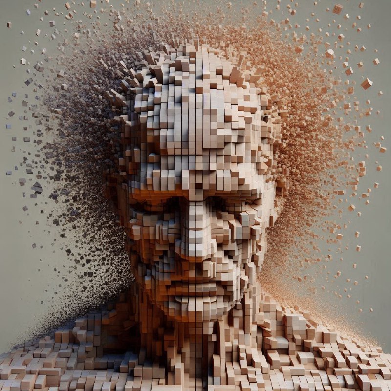 Sad Bald Man Composed of Exploding Geometric Cubes