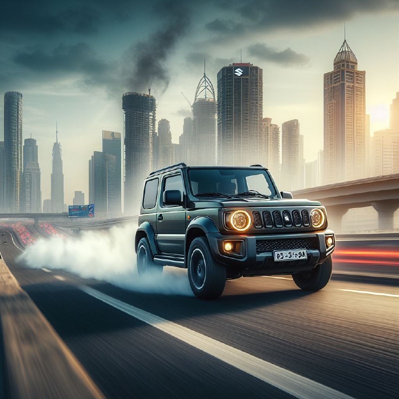 Suzuki Jimny Speeding on Open Road With City Skyline