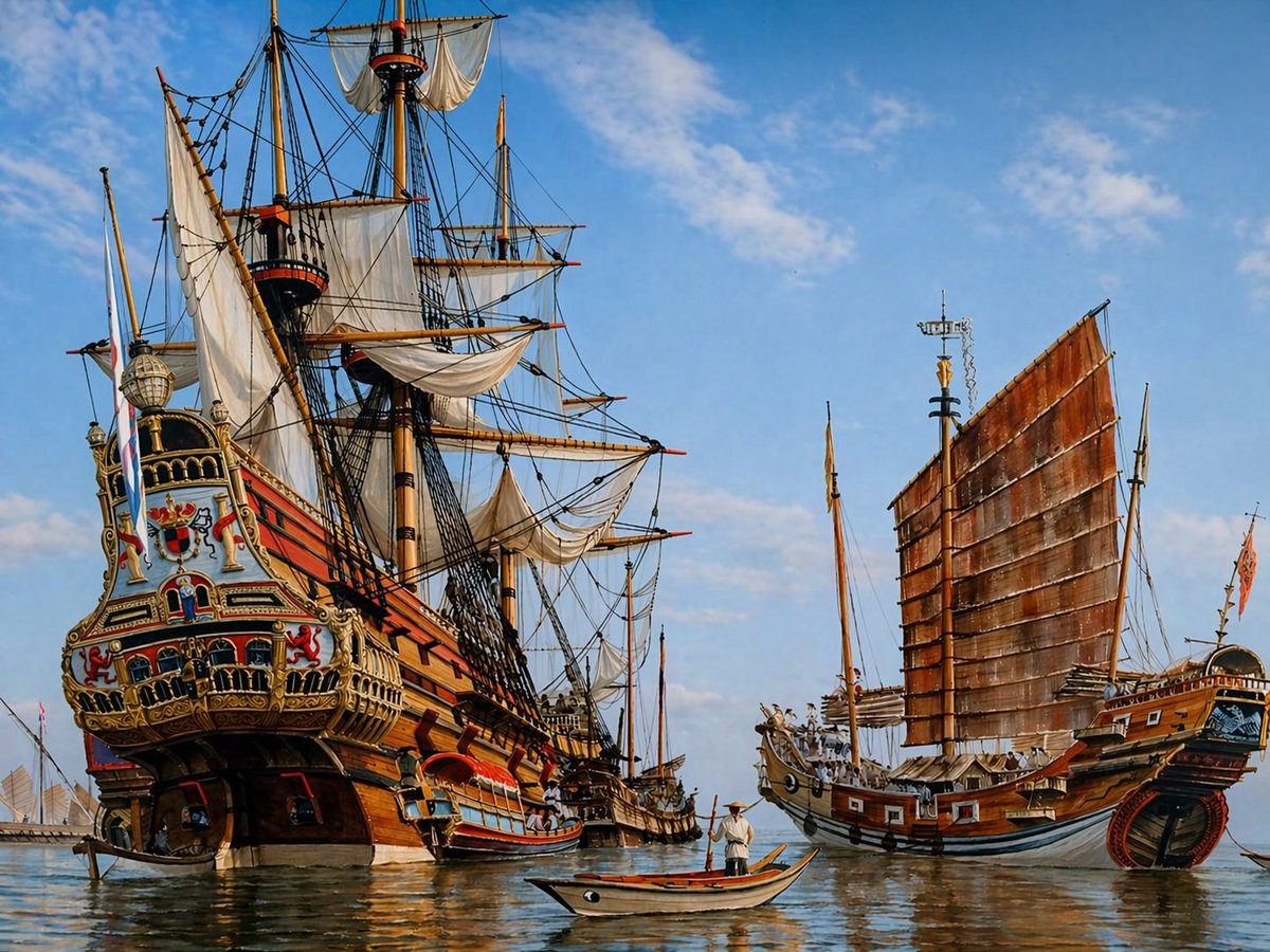 Historic Galleon And Junk Anchored Together