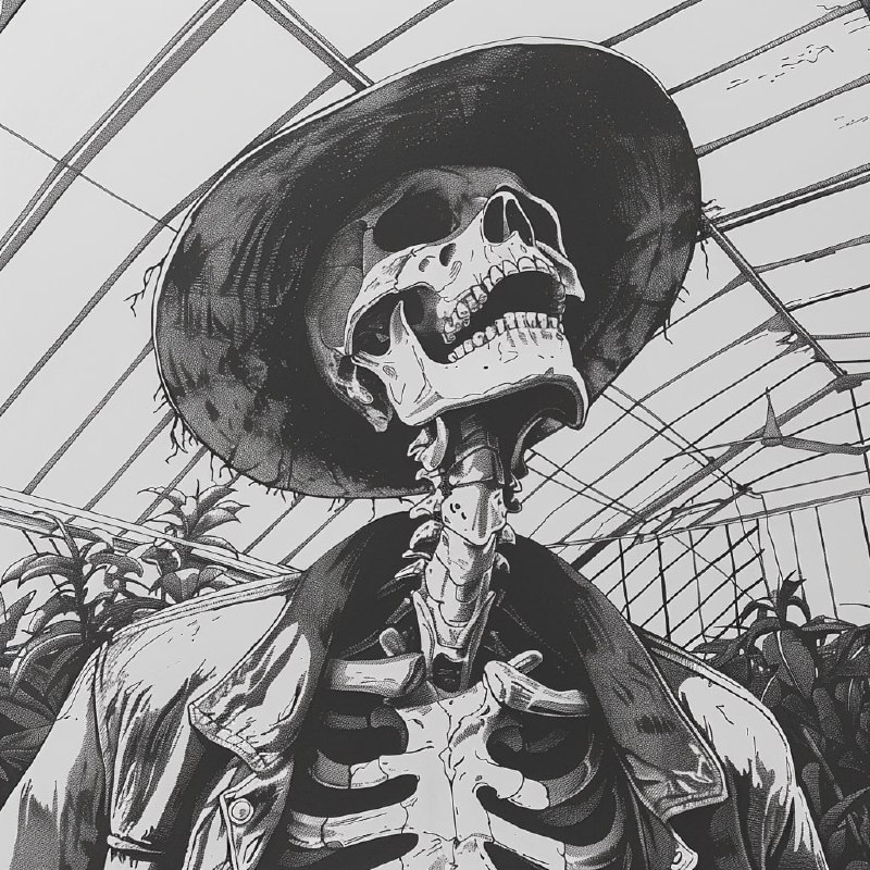 Ink Skeleton in Jacket and Hat Inside Greenhouse