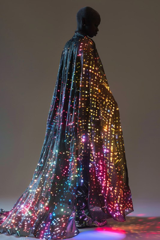 Abstract Figure in Mosaic Robe of Glowing Optical Fibers