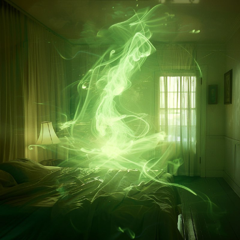 Green Energy Beings Teleporting in Ethereal Night Room
