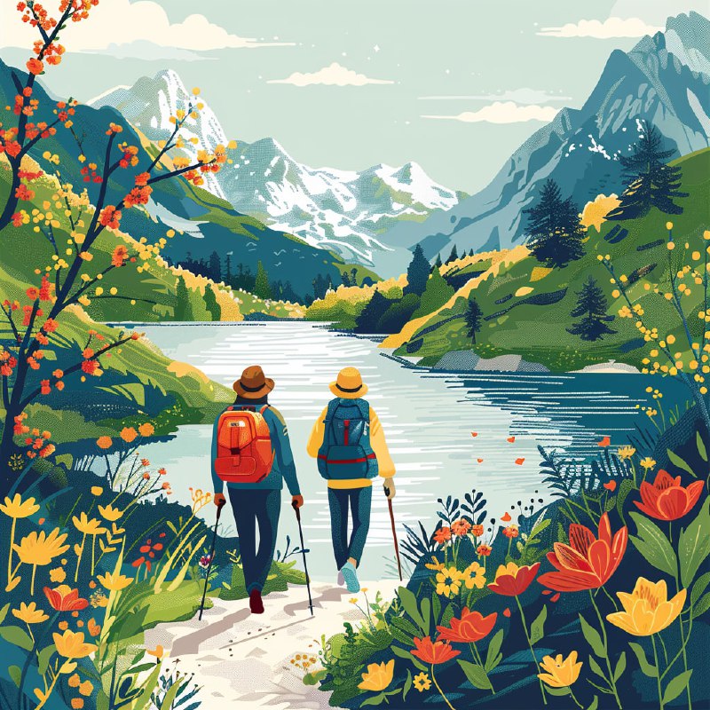 Primary Color Illustration of Spring Hikers by Lakes