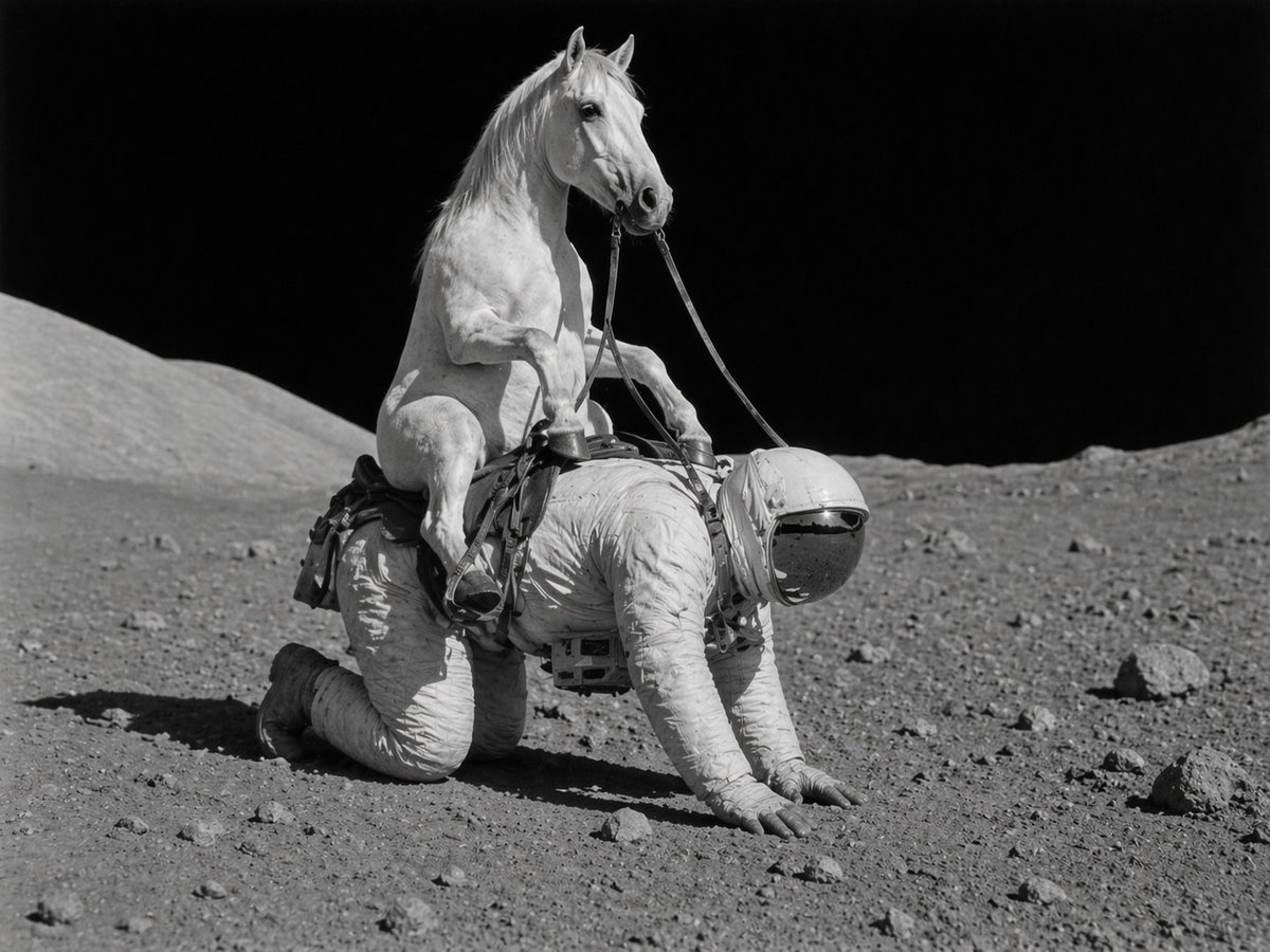 Horse Rides Astronaut on Moon