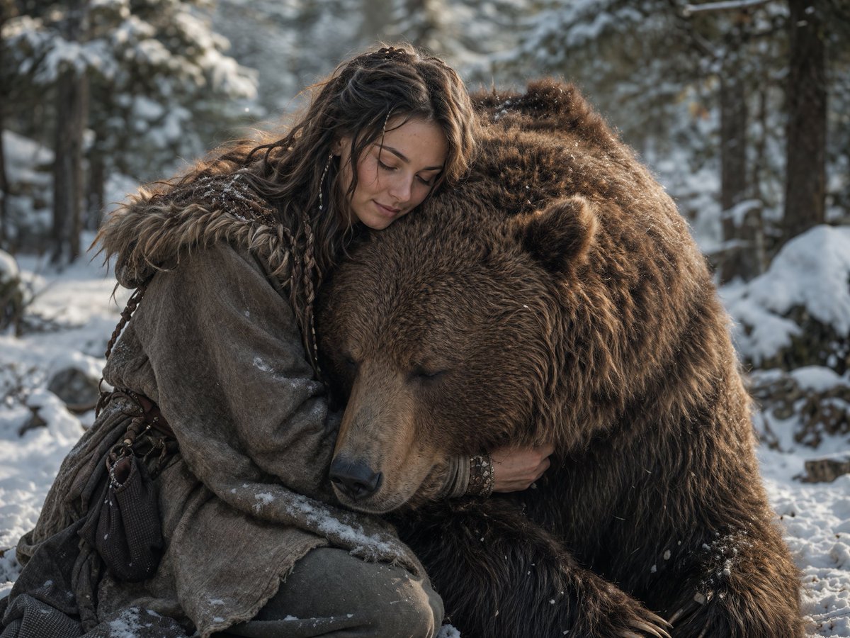 Woman Hugging Bear In Snowy Forest