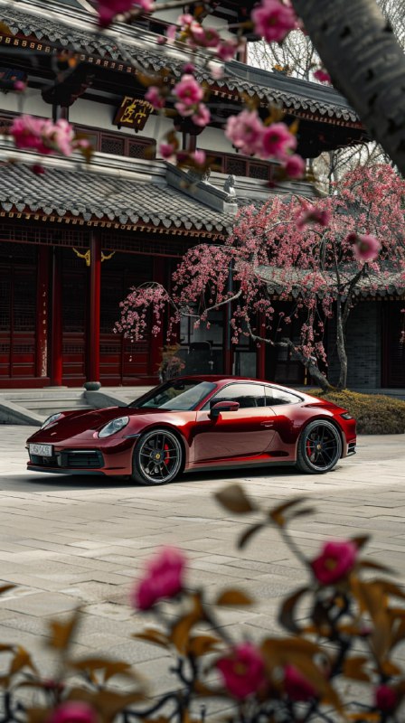 Burgundy Porsche 911 Among Plum Blossoms at Old Mansion