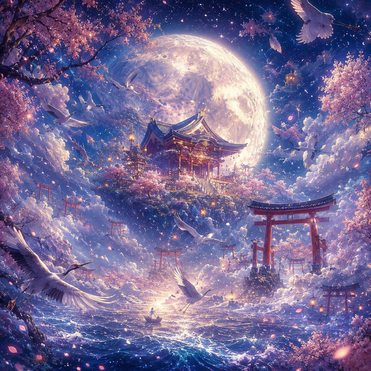 Moonlit Shrine of Dancing Cranes