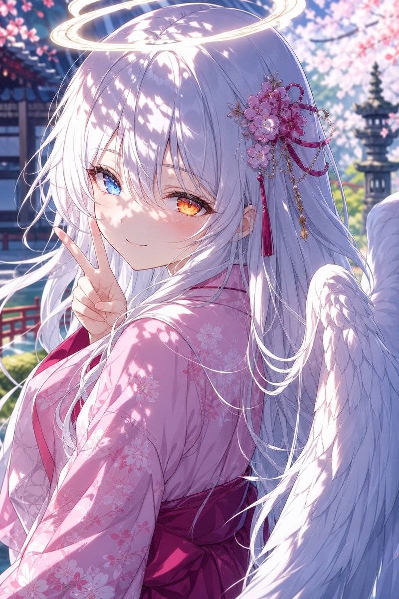 Anime Angel in Cherry Blossom Shrine