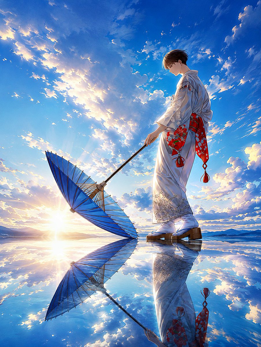 Anime Boy Kimono Sunset Reflection