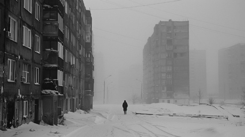 Solitary Figure on Snowy 1990s Street in Monochrome Mist