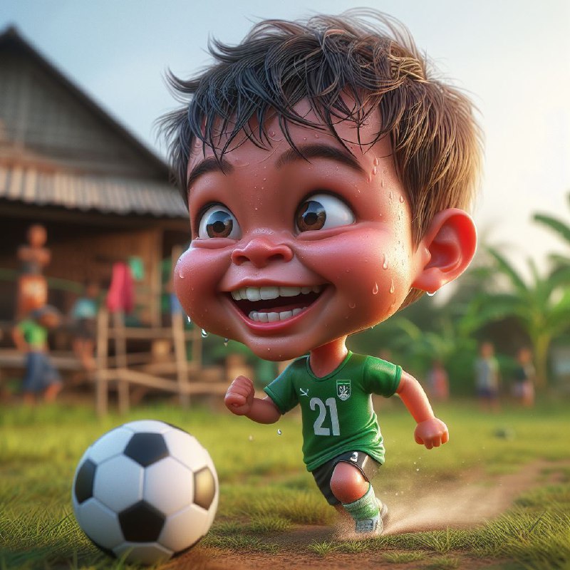 Sweaty Indonesian Child Playing Soccer Village Caricature