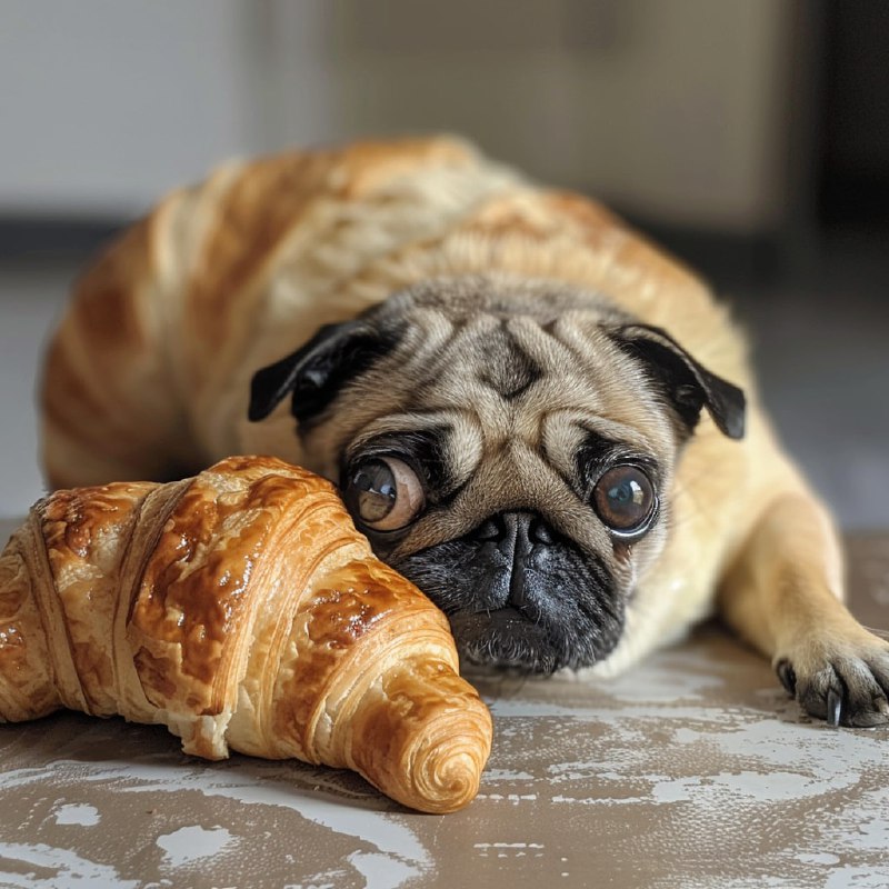 Croissant With Eyes Playing With a Pug Cartoon