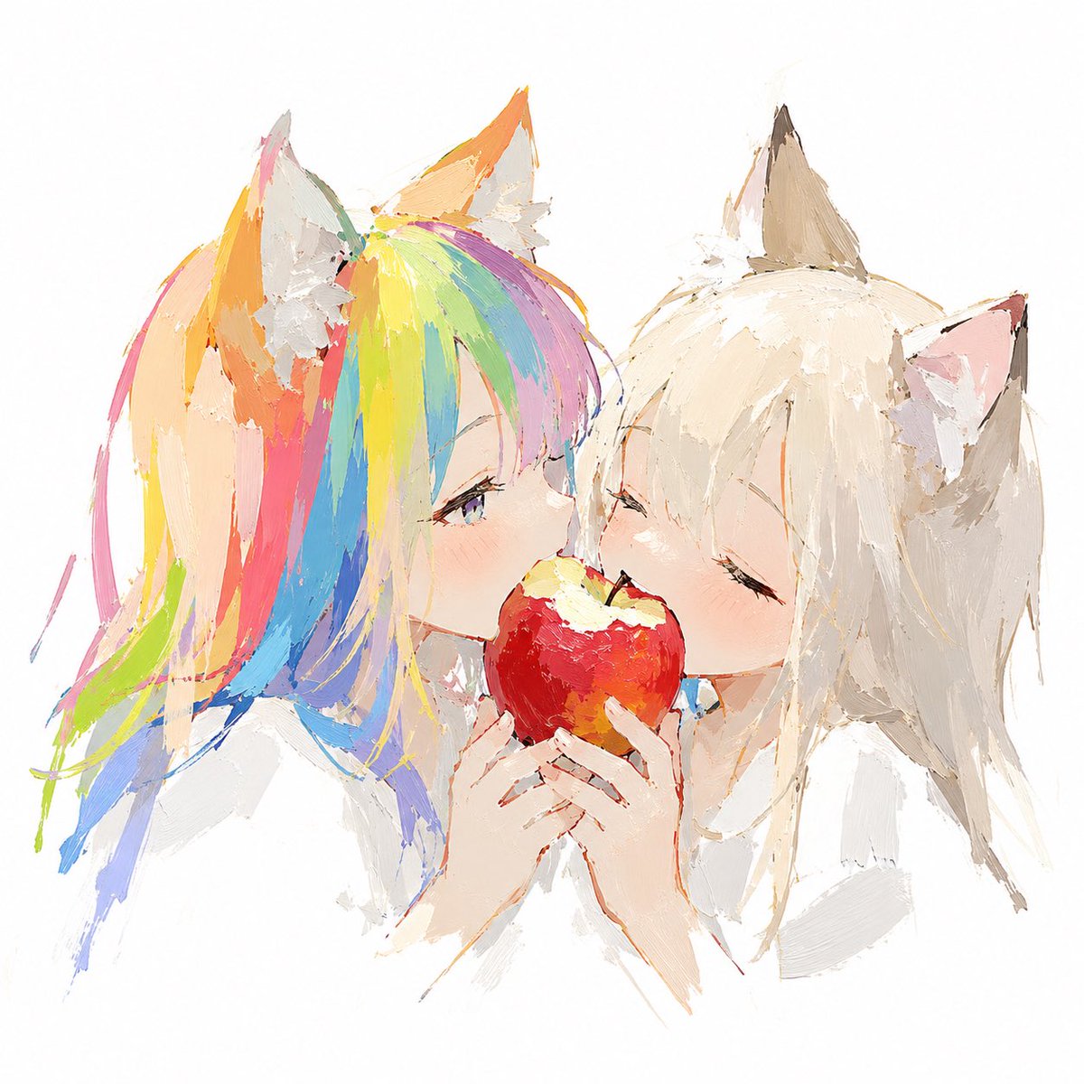 Cat Girls Sharing Apple Oil Painting