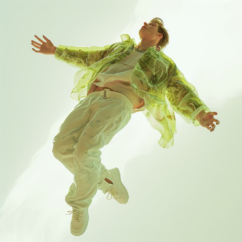 Fashionable Man Floating in Yellowish Green 3D Render