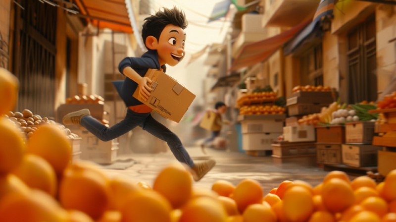 Cartoon Courier Sprinting With Parcels Through Market