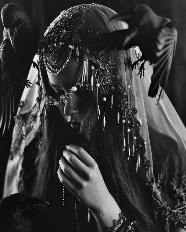 Ethereal Veiled Girl With Crows in Dramatic Analog Photo