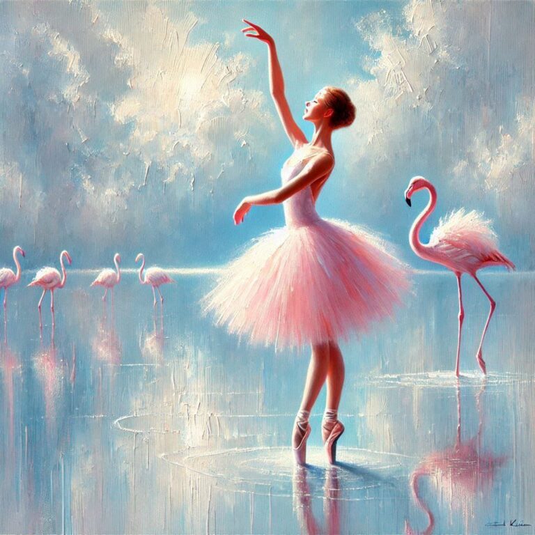 Ethereal Ballerina with Flamingos Painting