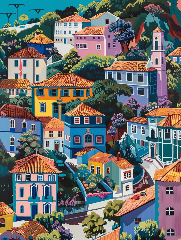 Colorful Hand Drawn Houses of 1450 Angra do Heroismo
