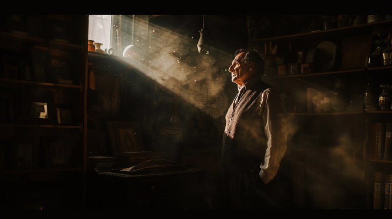 Man in Sunbeam With Dust Motes in Antique Shop