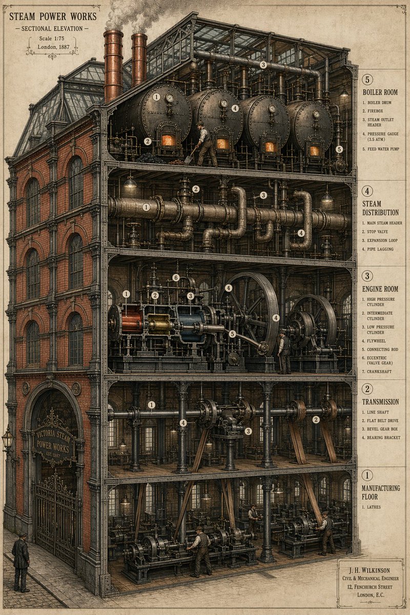 Steampunk Building Cross-Section Blueprint