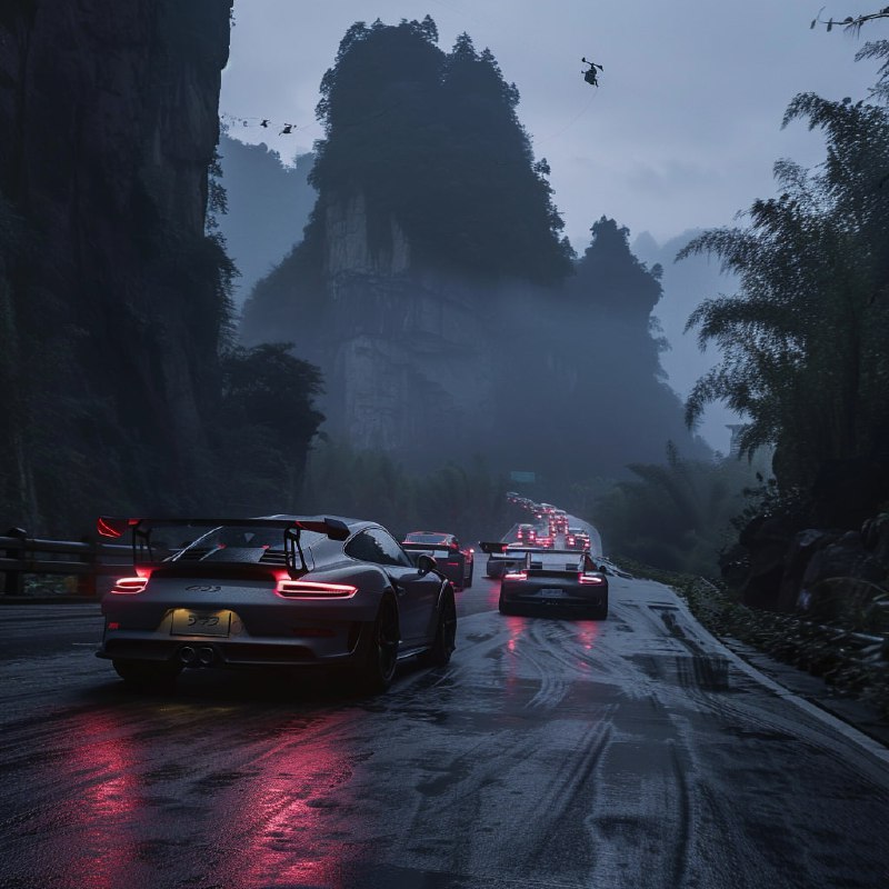 Porsche 911 GT3 RS Convoy in Misty Wulingyuan Mountains