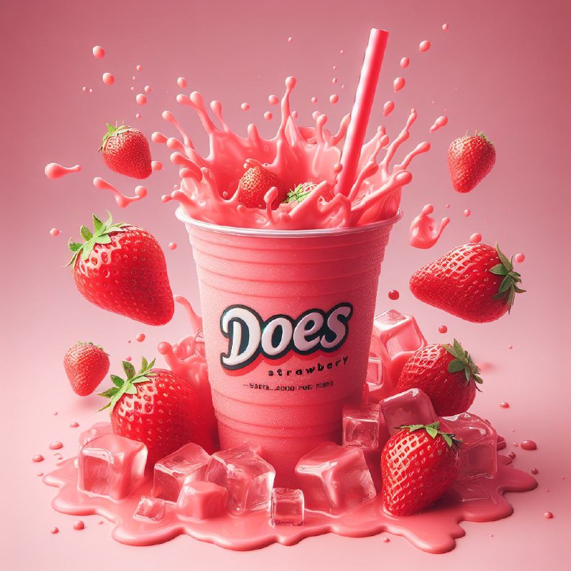 Strawberry Iced Drink in Cup With DOES Lettering