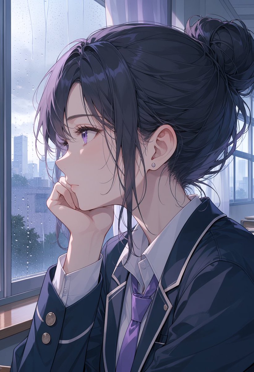 Melancholic Anime Student Rainy Window Portrait