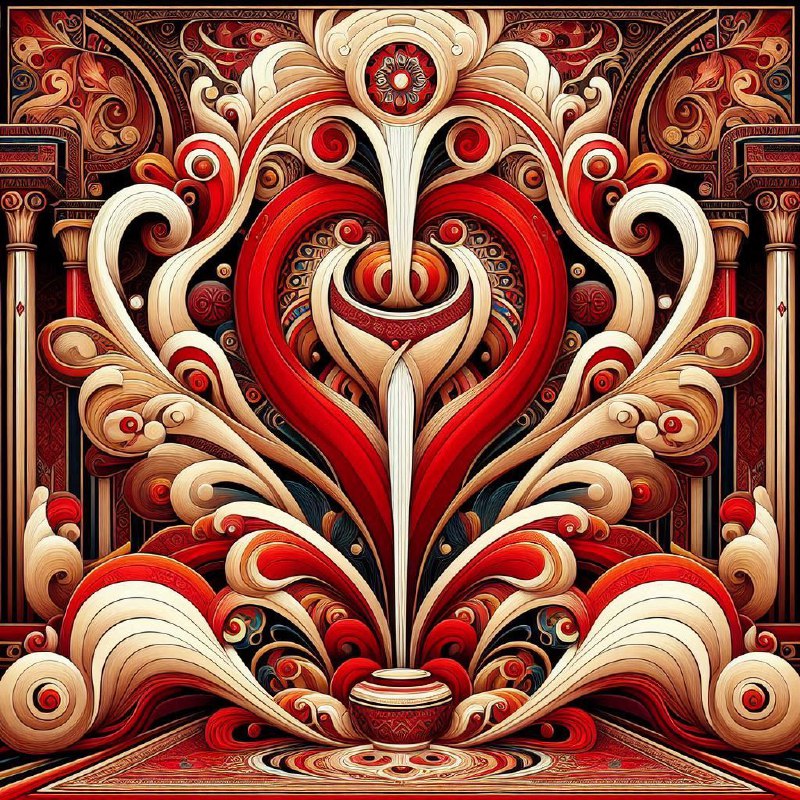 Red Arabesque Rug in Ndebele Surrealist Mural Style