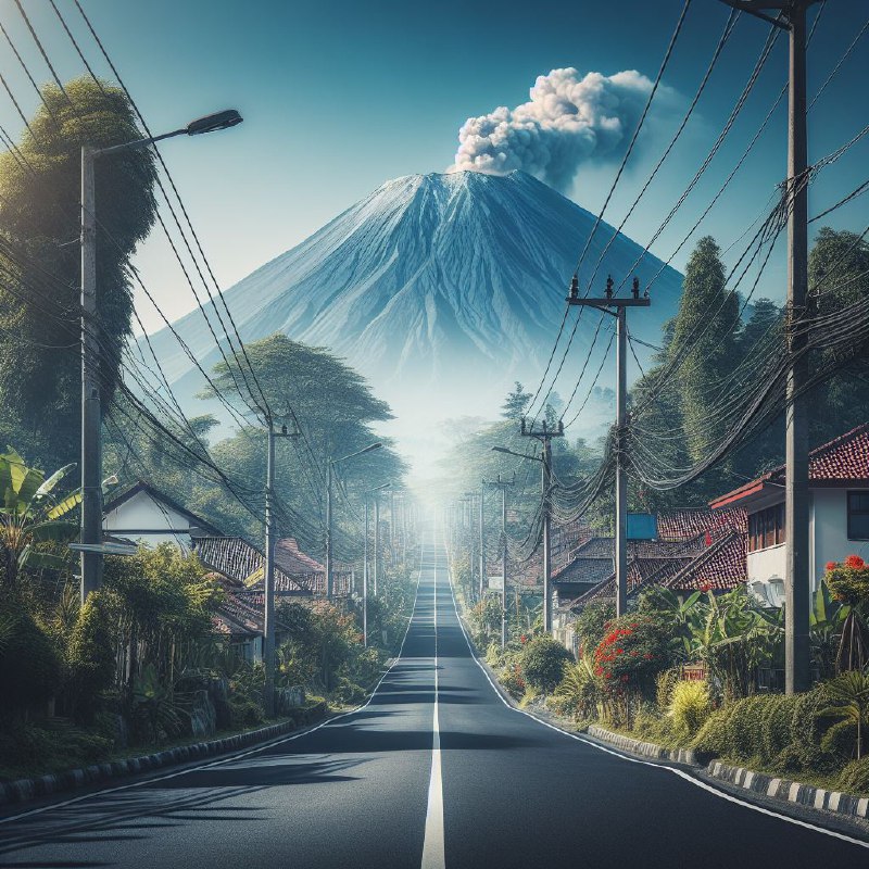 Descending Road Toward Smoking Mount Merapi Under Blue Sky