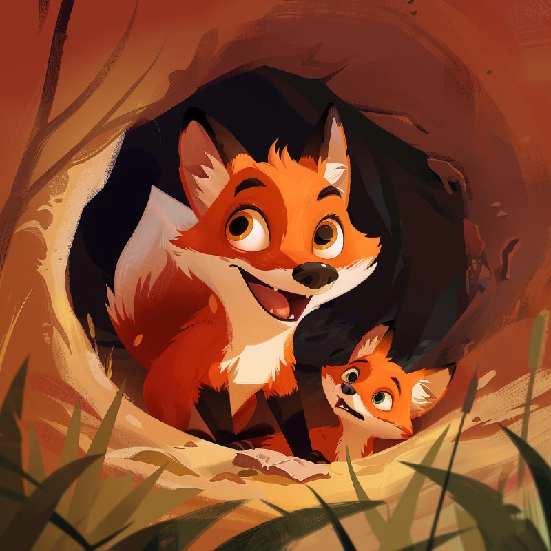 Pixar Style Mom Fox Digging a Hole With Her Cub