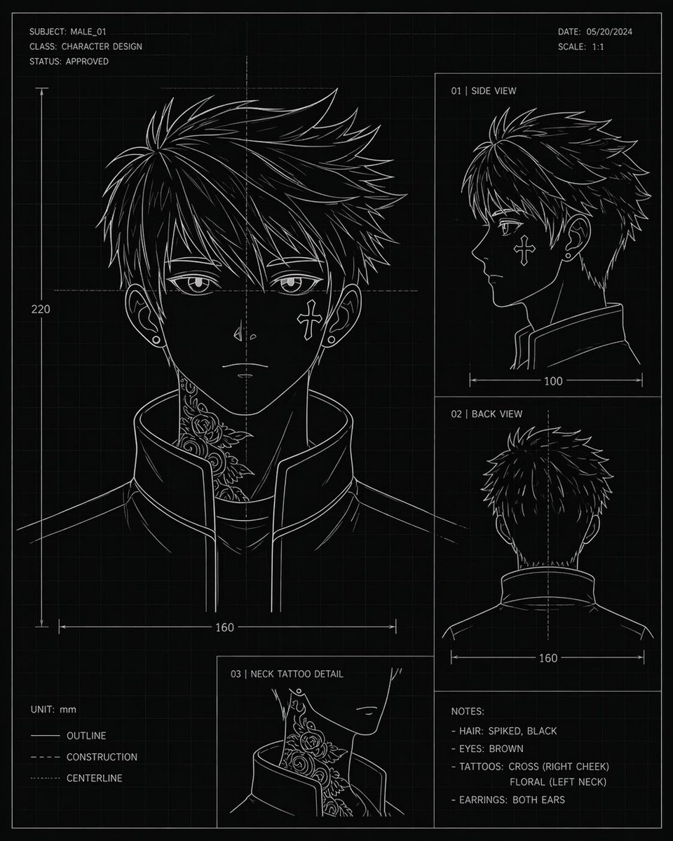Anime Male Character Blueprint Sheet