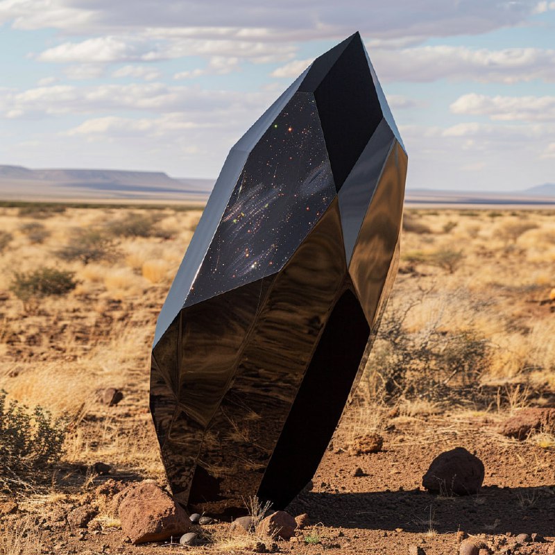 Black Dichroic Voronoi Shard Sculpture in African Savannah