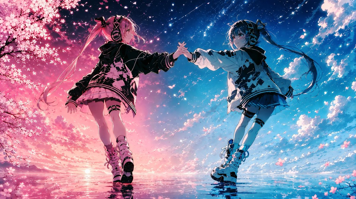 Futuristic Idols Holding Hands at Sunset