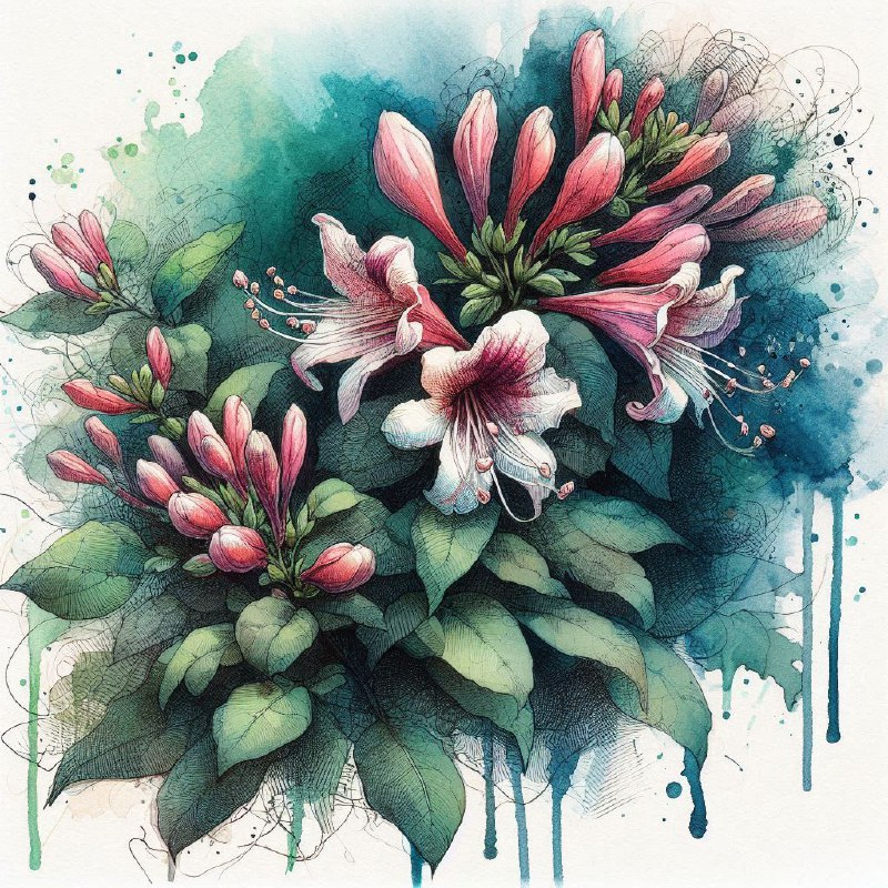 Enchanting Honeysuckle Watercolor on Emerald Indigo Wash