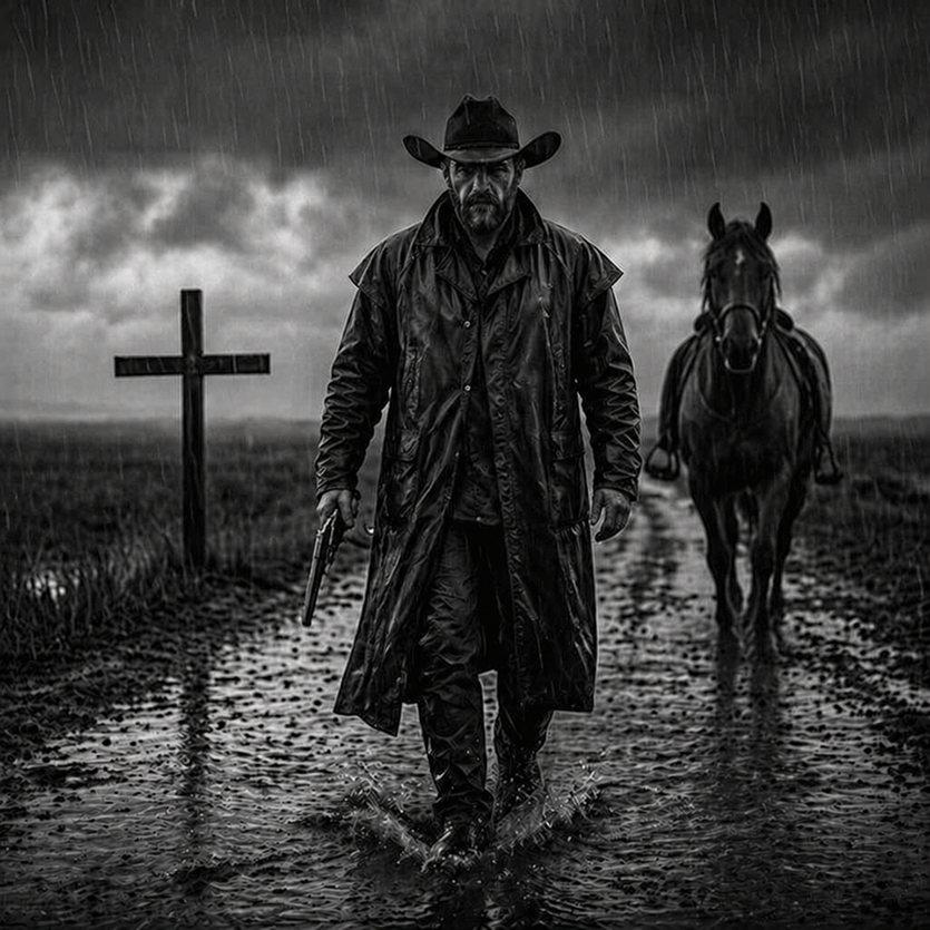 Lone Cowboy in Heavy Rainstorm