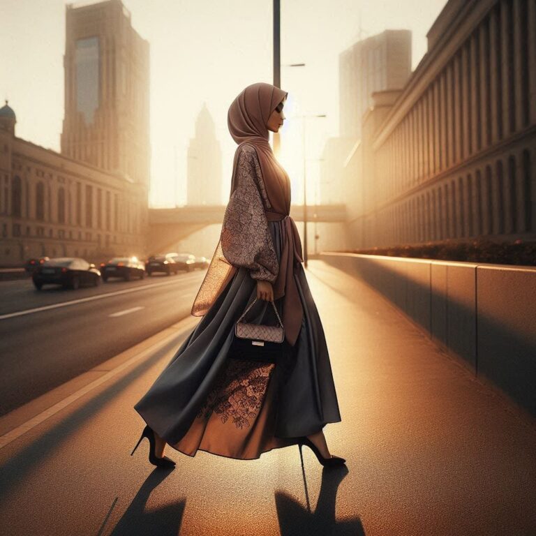 Muslim Woman in Stylish Hijab at Golden Hour City Evening