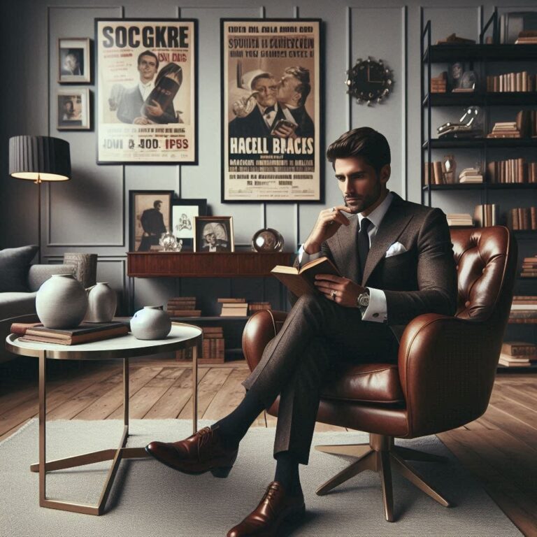 Rich Man in Brown Suit Reading in Luxurious Modern Interior