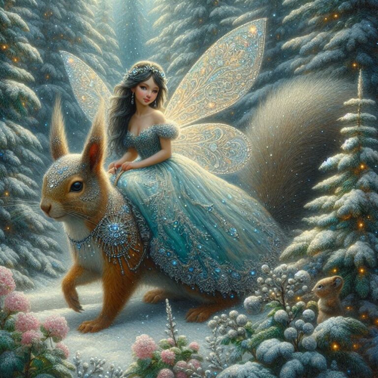 Fairy Riding Elk in Snowy Forest